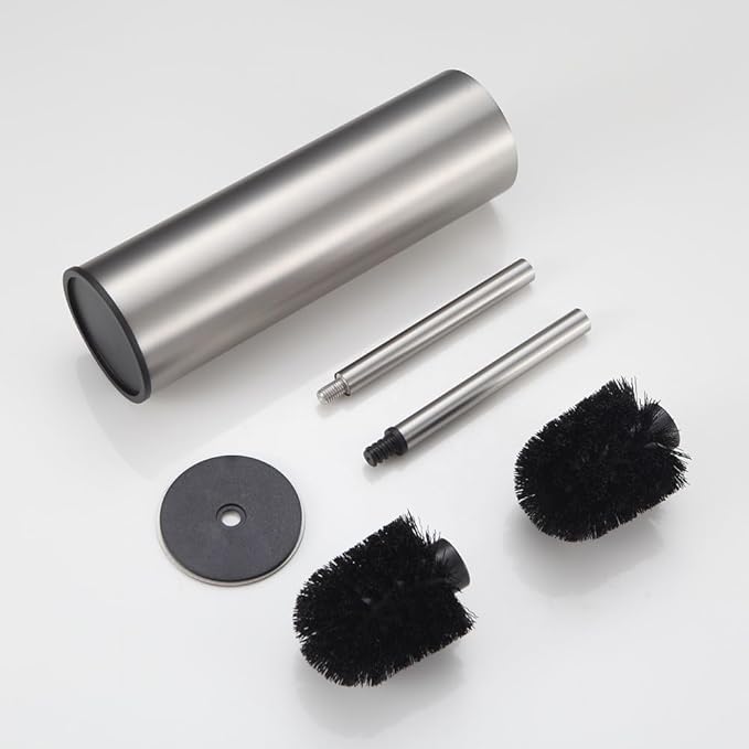 Kelirol Toilet Brush and Holder Set Brushed Nickel Stainless Steel, 304 Heavy Duty Round Toilet Brush Set – Rust Resistant, Long Handle, Replacement Heads, Floor Standing Bathroom Toilet Cleaning