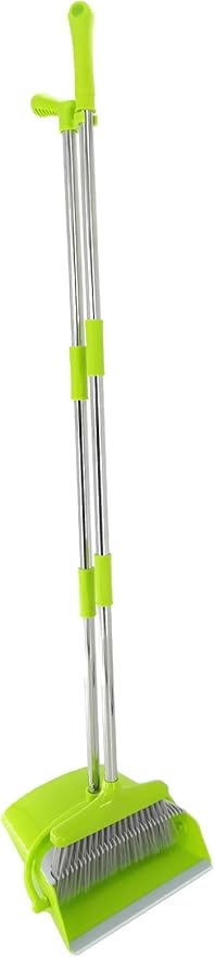 Xifando Extendable Long Handle Broom and Dustpan Set, Stainless Lightweight Upright Standing Broom and Dustpan Combo for Kitchen Lobby Office Living Room Household Indoor or Outside (Green)