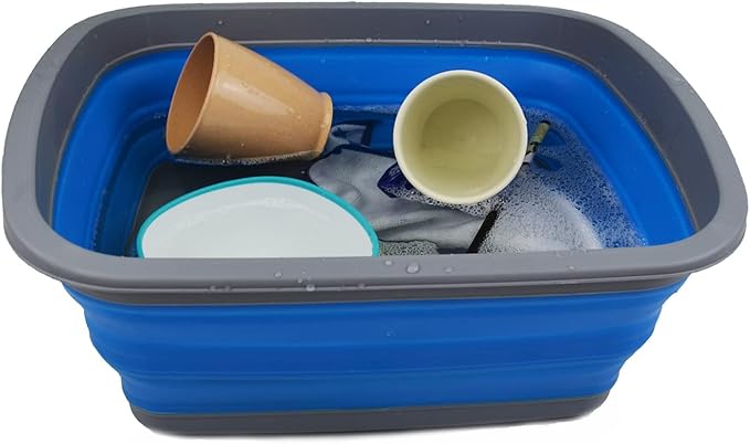 SAMMART 10L (2.6 Gallon) Collapsible Tub-Foldable Dish Tub-Portable Washing Basin-Space Saving Plastic Washtub (Dark Grey/Blue, 1)