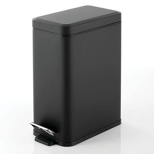 mDesign Pedal Bin — Waste Bin with Pedal, Lid and Plastic Bucket Insert for Bathroom, Kitchen, and Office — Metal Household Rubbish Bin with Ergonomic Design — Black