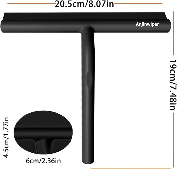 Anjinwiper All-Purpose Shower Squeegee for Glass Doors, Shower Door Squeegee with Hook, Silicone Squeegee for Bathroom, Shower Doors, Mirrors, Tiles(Black)