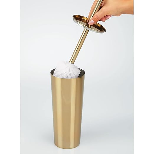 mDesign Metal Freestanding Slim Toilet Bowl Brush and Holder + Rectangle Narrow 5 Liter / 1.3 Gallon Step Pedal Trash Can Wastebasket for Bathroom - Small, Compact Design - Set of 2 - Soft Brass