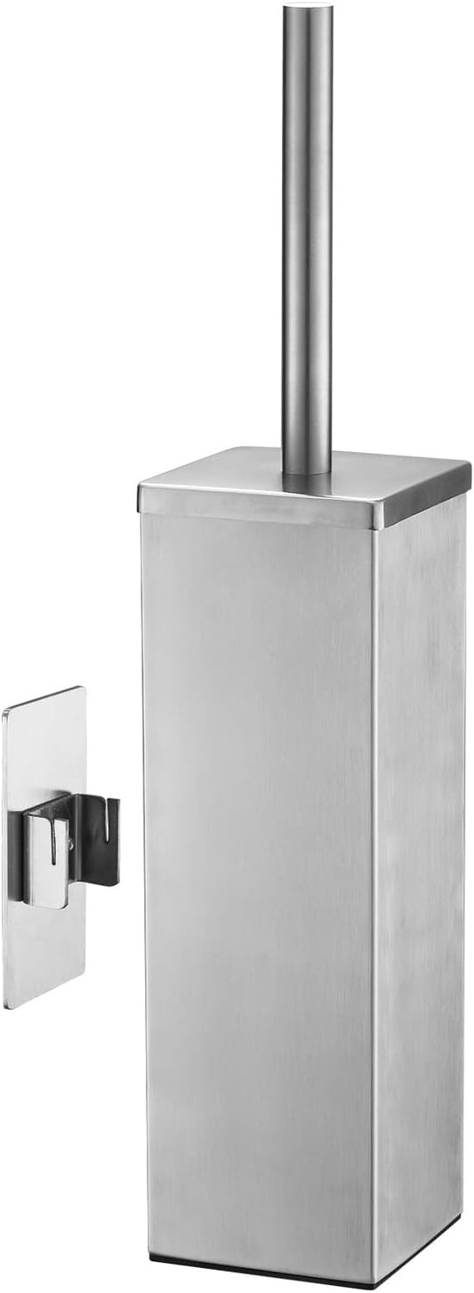 Brushed Gold Stainless Steel Toilet Brush, Square No-Punch Hook Base Toilet Brush Holder Removable Inner Bucket and Splash Proof Cover - Soft Bristles (No Drill Square Metal Cap Brushed)