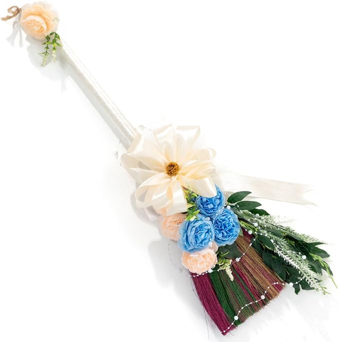 TTS For Home - Elegant Wedding Brooms Bride Bridegroom, Jumping The Broom for Wedding, Natural Whisk Broom with Ribbons, Artificial Pearl, Leaves,Roses for Decorative