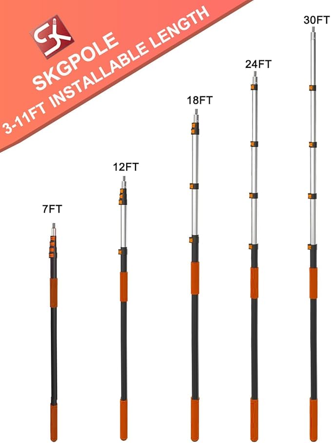 SKGPOLE 36FT Reach Telescopic Extension Pole, 7-30FT Multi-Purpose Extension Pole with Universal Twist-on Metal Tip, Sturdy Aluminum Paint Roller Extension Pole for Squeegee, Paint Roller, Orange