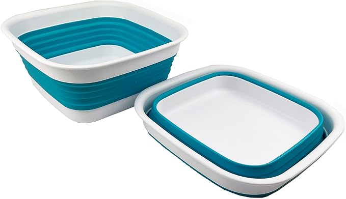 SAMMART 8L (2.1 Gallon) Collapsible Tub - Foldable Dish Tub - Portable Washing Basin - Space Saving Plastic Washtub (White/Ceramic Blue (Set of 2))