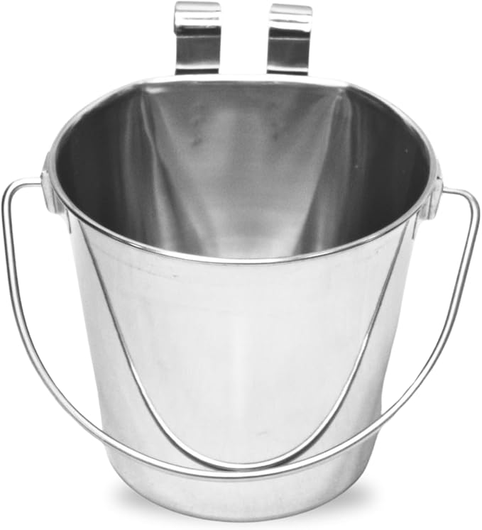 4 Quart Stainless Steel Flat Sided Bucket with Dual Hooks | Durable Food & Water Bowl for Dogs, Cats, Goat & Livestock | Fits kennel Cage Critter Crate Hanging Pet Pail | Multipurpose use
