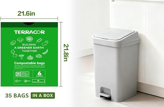 TERRACOR 6 Gallon Compostable Trash Bags Drawstring, Heavy Duty Extra Thick 1 Mil, 35 Bags, Tall Kitchen Food Scrap Waste Bag, ASTM D6400