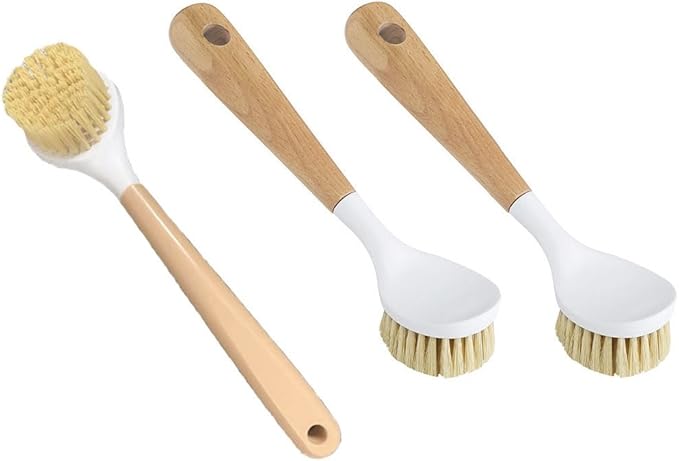 3 Pack Dish Brush Set with Bamboo Handle,Dish Scrubber Built-in Scraper, Scrub Brush for Pans, Pots, Kitchen Sink Cleaning with Tough Bristles for Cleaning Cast Iron Cookware