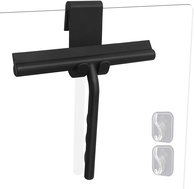 DEOFUXT Shower Squeegee for Glass Doors, Full Silicone Jacketed Squeegee with Ergonomic Handle & No-Drill Hook, Cleaning Tool for Windows, Mirrors, Tiles, Bathroom & Car - Black