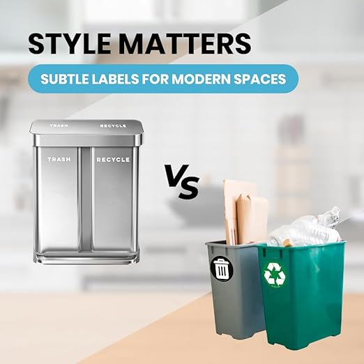 Minimalist Recycle & Trash Stickers - Modern, Discreet Vinyl Labels for Trash Cans & Bins - Elegant Indoor Waste & Recycling Signs for Home, Kitchen & Office | White