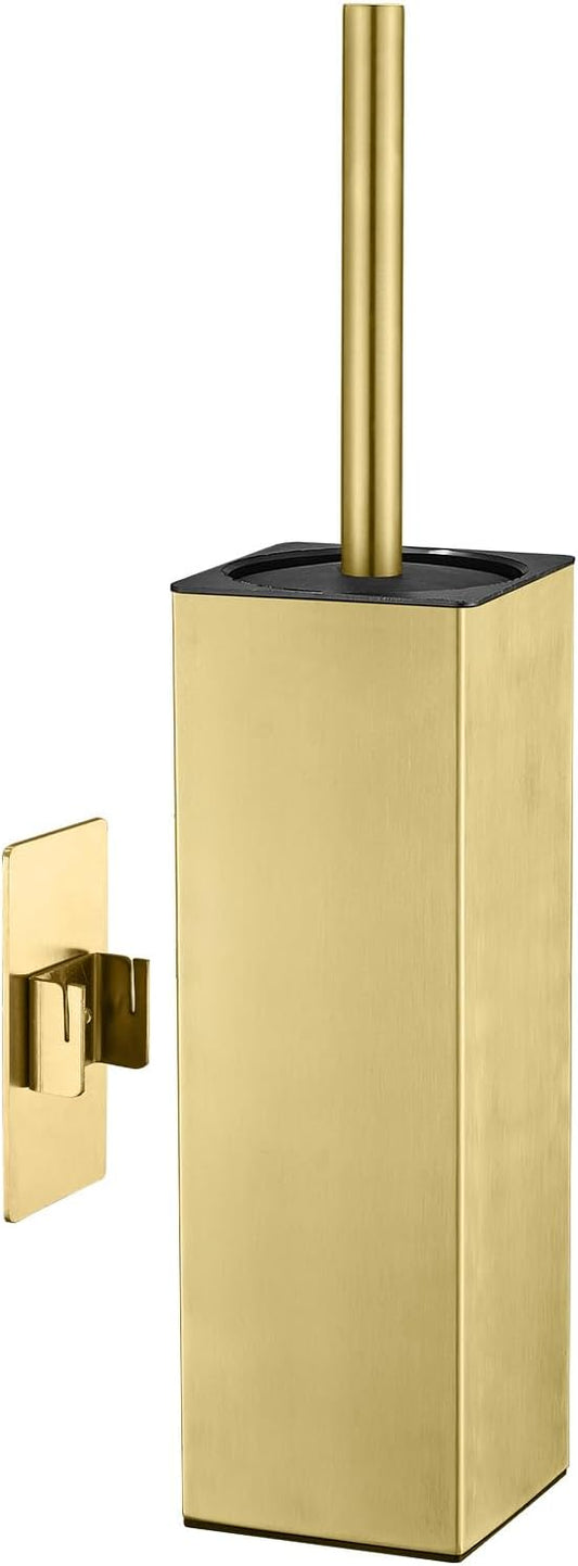 Brushed Gold Stainless Steel Toilet Brush, Square No-Punch Hook Base Toilet Brush Holder Removable Inner Bucket and Splash Proof Cover - Soft Bristles (Non-Drill Square Plastic caps Gold)