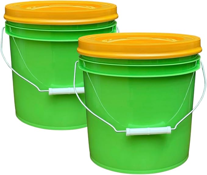 House Naturals 2 Gallon Food Grade - BPA Free Made in USA Buckets Lime Color pails with Screw On Gasket Lids (2, Lime - Orange lids)