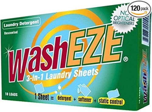 WashEZE 3-in-1 Laundry Detergent Sheets: Unscented Laundry Sheets - 120 Count Detergent Fabric Softener and Static Guard all in ONE SHEET! Saves You Money! Made in the USA