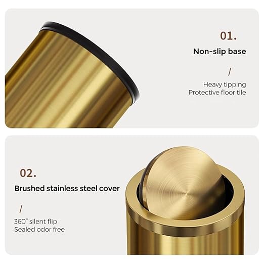 2.4 Gallon Brush Gold Bathroom Trash can with Lid, Modern, Luxury Garbage Can, Wastebasket for Bedroom Office Hotel (Gold Single Layer)