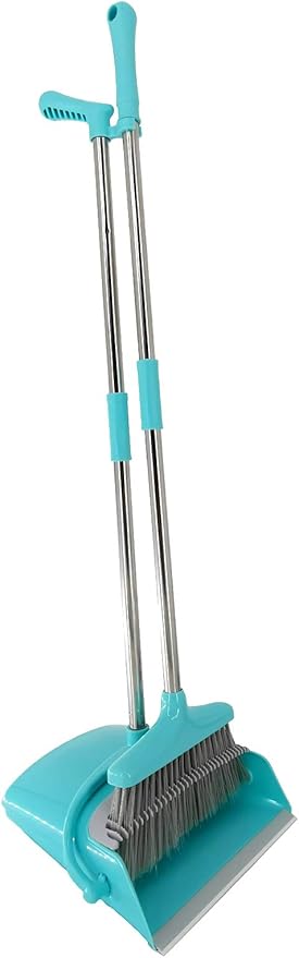 Xifando Extendable Long Handle Broom and Dustpan Set, Stainless Lightweight Upright Standing Broom and Dustpan Combo for Kitchen Lobby Office Living Room Household Indoor or Outside (Light Blue)