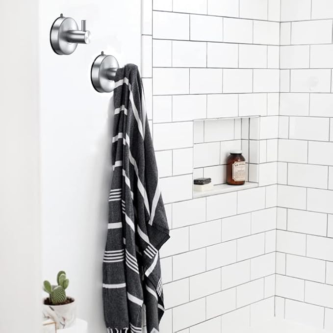 DGYB Suction Cup Hooks for Shower Set of 2 Brushed Nickel Towel Hooks for Bathrooms SUS 304 Stainless Steel Shower Hook for Loofah 15 Lb Bathroom Hook for Towels