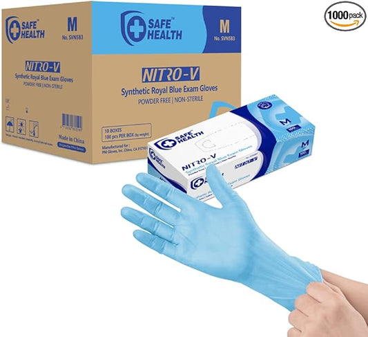 Safe Health NITRO-V Nitrile-Vinyl Synthetic Exam Disposable Gloves, Latex Free, Powder Free, Blue, Case of 1000, Medium, Medical Grade, Clinic, Nursing, Food, Hair Salon, Cleaning, Housework