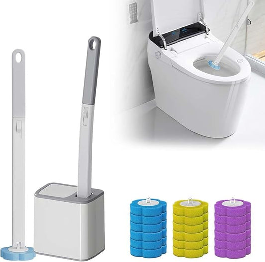 Disposable Toilet Brush, Disposable Toilet Cleaning Tool Set with Holder & Refills, Toilet Brush Holder with Extended Handle and 18 Pcs Brush Refills for Bathroom (Grey)
