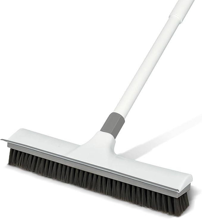 Floor Scrub Brush with 60-Inch Handle Length Adjustable, 2-in-1 Push Broom with Squeegee, Floor Scrubber Broom Stiff Bristles for Cleaning Bathroom, Kitchen, Tile, Deck, Patio, Garage