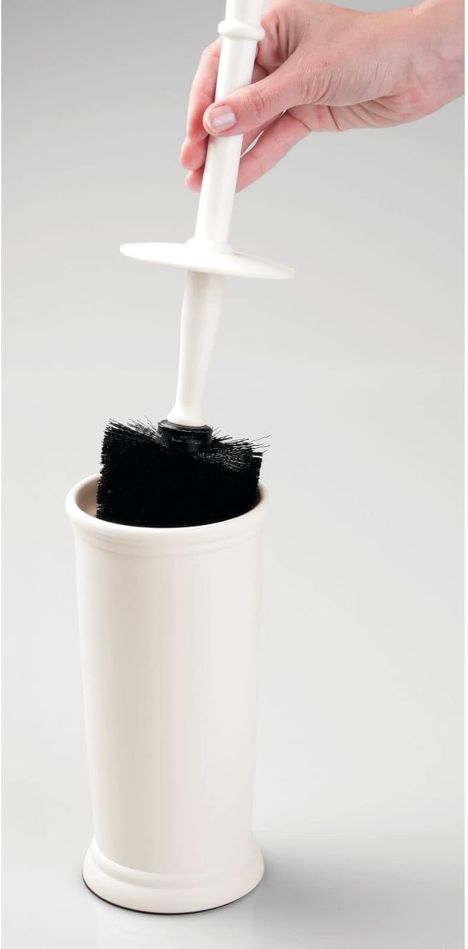 mDesign Toilet Bowl Brush and Holder - Covered Bathroom Brush - Standing Scrubber in Modern Holder - Space Saving, Deep Cleaning for Toilet - Cream/Beige