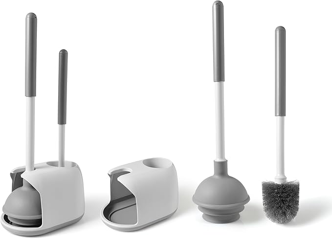 Eyliden 2 Pack Toilet Plunger & Brush Set, Upgrade 3-Step Suction Cup - Ultra-Tight Seal, Durable, Space-Saving Toilet Deep Cleaning Combo with Holder, Bathroom Essentials (2 Pack, White & Grey)