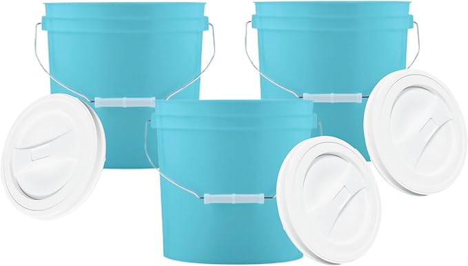 House Naturals 2 Gallon Aqua Food Grade BPA Free Made in USA Buckets pails with White Screw On Lids(Pack of 3)