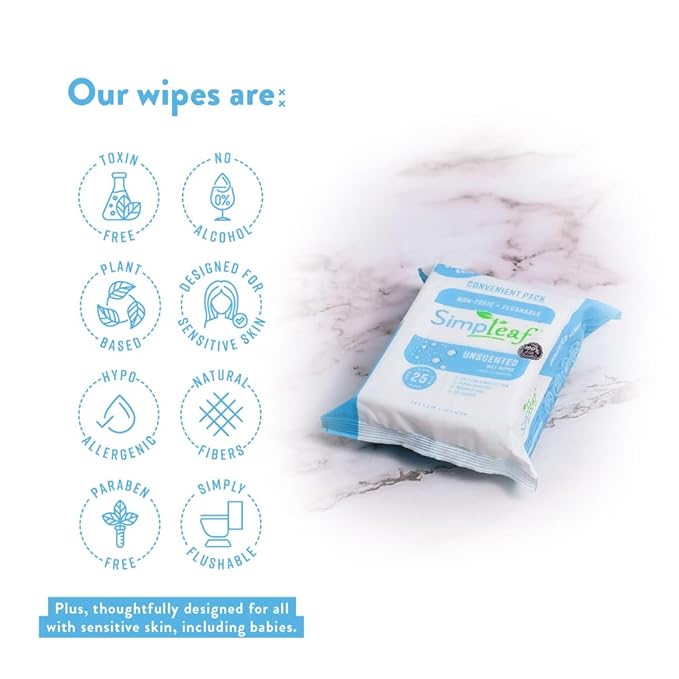 Simpleaf Flushable Wet Wipes Unscented | Plastic Free, Paraben & Alcohol Free | Hypoallergenic & Safe for Sensitive Skin | Soothing Aloe Formula | Adult Toilet Wipes (12 x 50 Counts Pack) 600 Counts