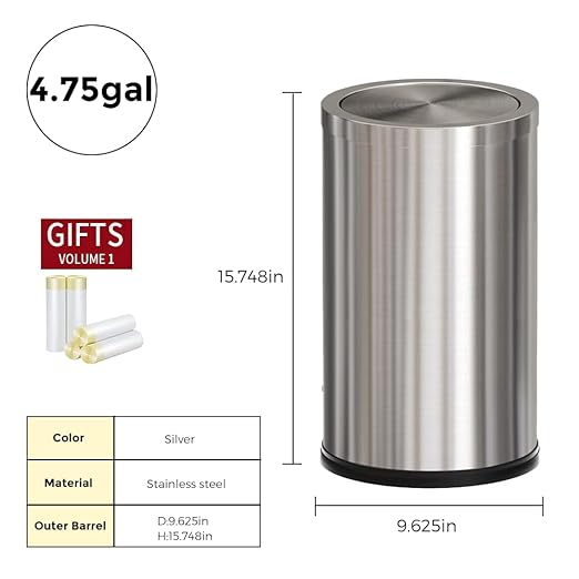 4.8GAL Tall Stainless Steel Trash Can,Bathroom Trash can with lid, Silver Trash Can with Flipping Lid, Garbage cans for Kitchen，Living Room,Dental Office，Hotel,Guest Room(4.7gal-Silver)
