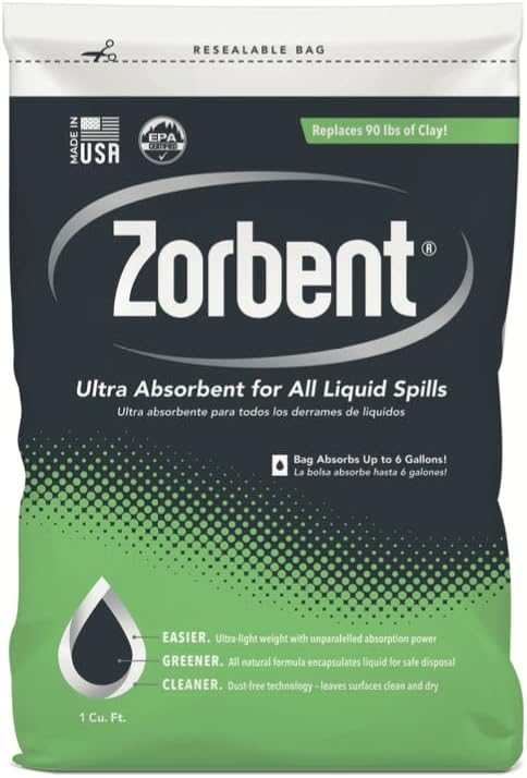 Zorbent Oil Spill Absorbent | 1 Cu Ft Bag Absorbs up to 6 Gallons of Liquid. Replaces 98 lbs of Clay. Non-Toxic, Low-Dust, with Cleaning Agent. For Fast Industrial Spill Cleanup.