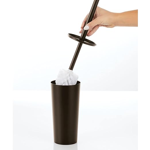 mDesign Metal Freestanding Slim Toilet Bowl Brush and Holder + Rectangle Narrow 5 Liter / 1.3 Gallon Step Pedal Trash Can Wastebasket for Bathroom - Small, Compact Design - Set of 2 - Bronze