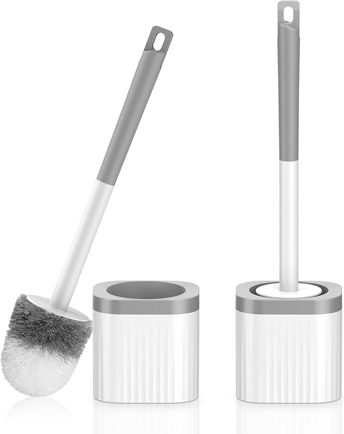 EZKEY Toilet Brushes, 2 Pack Toilet Brush and Holder Set with Nylon Bristles Toilet Bowl Brush Compact Hidden Scrubber Brushes for Bathroom Deep Cleaning, Grey & White