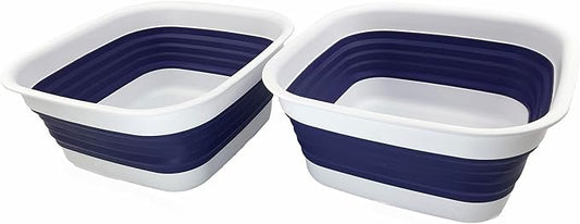 SAMMART 8L (2.1 Gallon) Collapsible Tub - Foldable Dish Tub - Portable Washing Basin - Space Saving Plastic Washtub (White/Navy Blue (Set of 2))