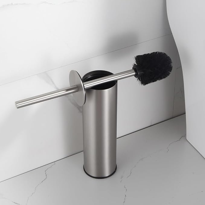 Kelirol Toilet Brush and Holder Set Brushed Nickel Stainless Steel, 304 Heavy Duty Round Toilet Brush Set – Rust Resistant, Long Handle, Replacement Heads, Floor Standing Bathroom Toilet Cleaning