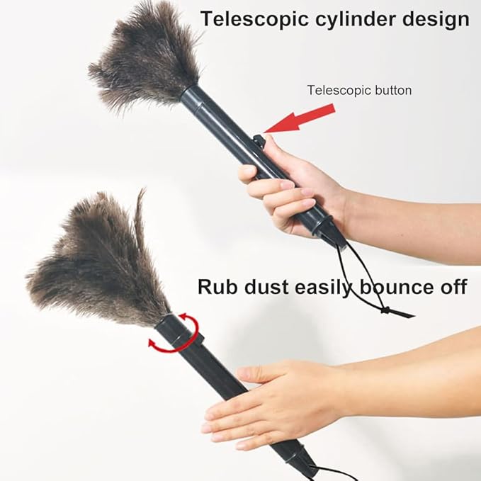 2pcs Feather Duster, Retractable Handle Fluffy and Natural Feather Duster Intrior/Extrior Cleaner for Blinds, Kitchen, Keyboard, Office Cleaning Supplies(Color:Black)