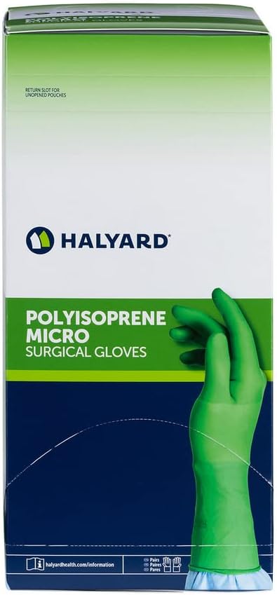 HALYARD Micro Surgical Gloves Sterile Polyisoprene Individually Wrapped Pairs Powder Free Medical Disposable Gloves, 7.9 mil, Size 6.0 Small, Green, SGL90060 (Box of 50 Pairs - 100 Total)