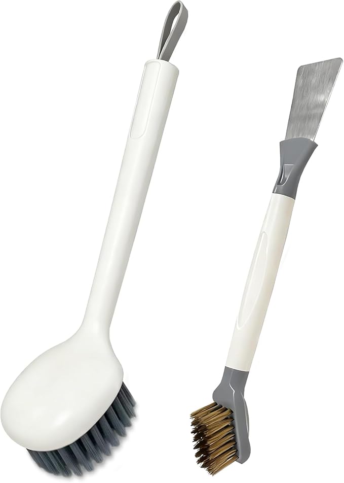 Xaspac 2-Piece Set Handheld Dish Brush with Brass Scrubber and Steel Scraper for Stubborn Grease - Dual-Head Cleaner for Pots, Pans, Stovetop, Sink