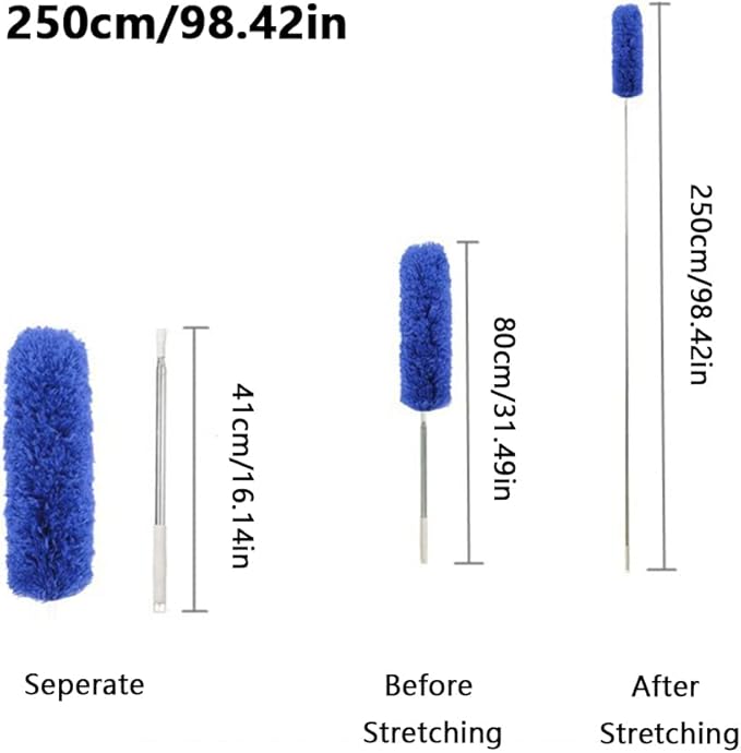 Ceiling Fan Feather Duster with Extension Pole, Cobweb & Corner Brush for Cleaning, Long Handle Aluminum Telescoping Pole, Washable, Blue, 250cm