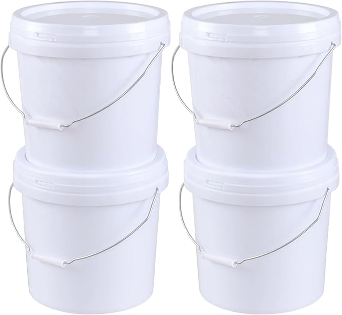 4 Gallon Plastic Round Bucket Pail with Lid, 4-Pack Food Storage Buckets with Handles, White