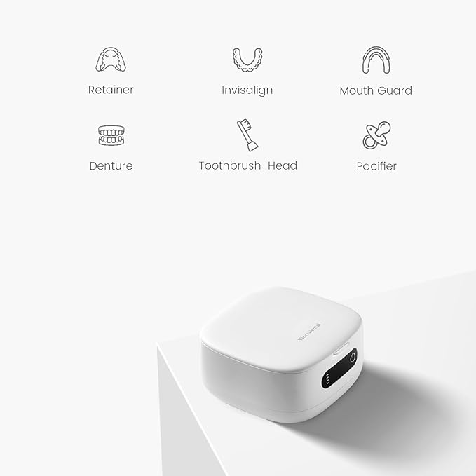 Viora Rechargeable 52kHz Ultrasonic Retainer Cleaner: Cordless Portable UV Dental Cleaning Pod for Invisalign, Denture, Mouthguard, Nightguard, Jewelry, with Mirror, USB-C Travel Cleaning Kit+Tablets