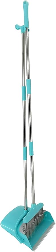 Xifando Extendable Long Handle Broom and Dustpan Set, Stainless Lightweight Upright Standing Broom and Dustpan Combo for Kitchen Lobby Office Living Room Household Indoor or Outside (Light Blue)