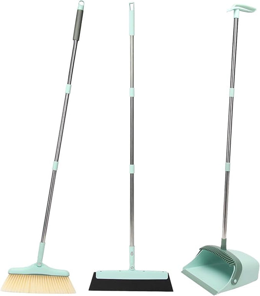 Sayene Broom and Dustpan Set,Squeegee Broom,Long Handle Broom and Dustpan Set,Broom with Stand Up Dustpan Combo Set,Squeegee - Kit for Indoor Cleaning 2+1 for Home, Office, Lobby(Green)
