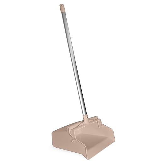 SPARTA Upright Dustpan with Aluminum Handle, Serrated Edge for Broom Combing, Secure Yoke Lock with Easy Storage Hanging Hole for Commercial Cleaning, Plastic, 30 Inches, Tan