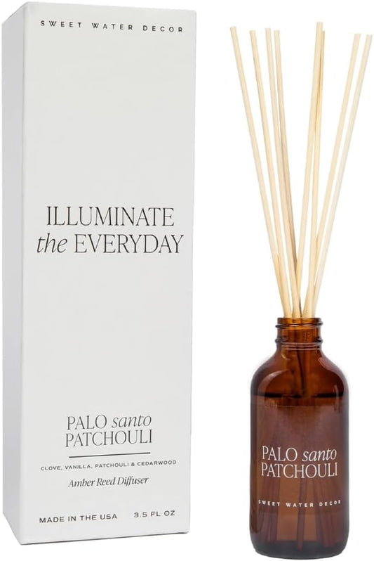 Sweet Water Decor Palo Santo Patchouli Reed Diffuser Set for Home - Clove, Vanilla, Patchouli, Sandalwood Spa Scented Diffusers - Housewarming Gift Lasts 4+ Months, Made in The USA