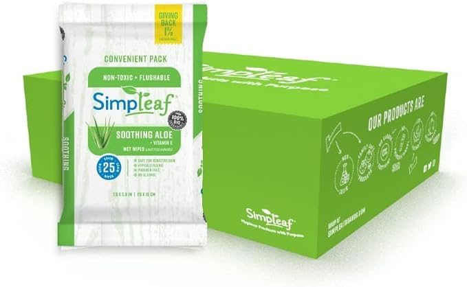 Simpleaf Flushable Wet Wipes Aloe Vera| Eco-Friendly, Paraben & Alcohol Free | Hypoallergenic & Safe for Sensitive Skin | Soothing Aloe Formula | (12 x 25 Counts Convenient Pack) 300 Counts Total