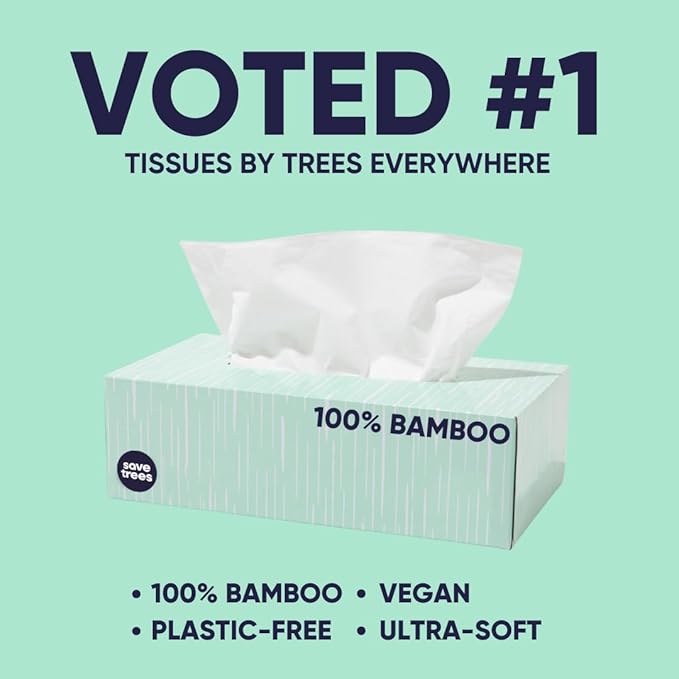 Save Trees Bamboo Facial Tissues - 4 Boxes of Eco-Friendly, 3-Ply Hypoallergenic Tissues, 90 Sheets per Box, FSC Certified, Plastic-Free Packaging, Soft & Gentle for Home Use