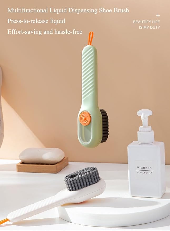 2pcs Soap Dispenser Shoe Brushes,Sneaker Brushes,Multifunftional Shoe Brushes with Soap Dispenser, Long Handle Shoe Brush, Carpet and Kids Toys - Travel-Friendly Design (Green & Cream)