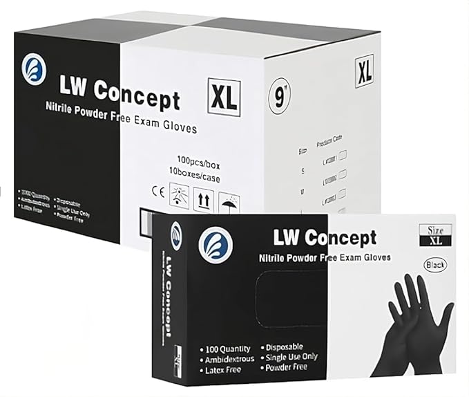 LW Concept - Black Nitrile Examination Gloves - Latex & Powder-Free, Disposable, Strong, Healthcare, Food Handling (Medium)