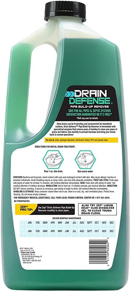 Zep Drain Defense Pipe Build-Up Remover - 64 oz (Case of 8) ZLDC64 - Professional Strength Liquid Pipe Build Up Remover
