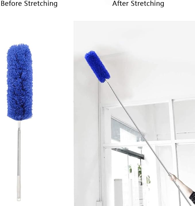 Ceiling Fan Feather Duster with Extension Pole, Cobweb & Corner Brush for Cleaning, Long Handle Aluminum Telescoping Pole, Washable, Blue, 130cm